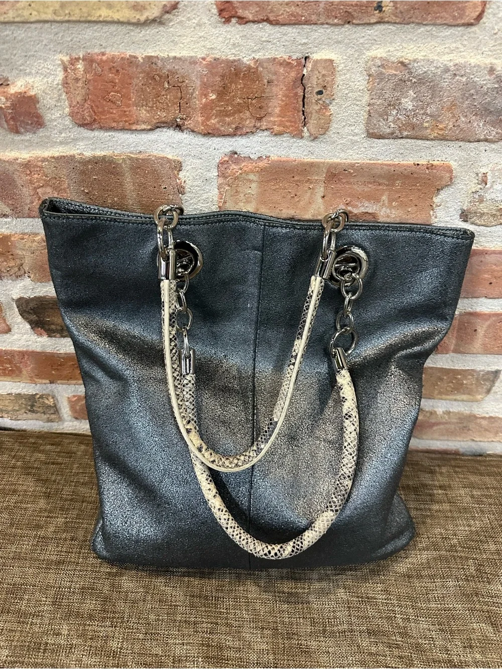Metallic Black Tote with Snakeskin-Textured Chain Handles